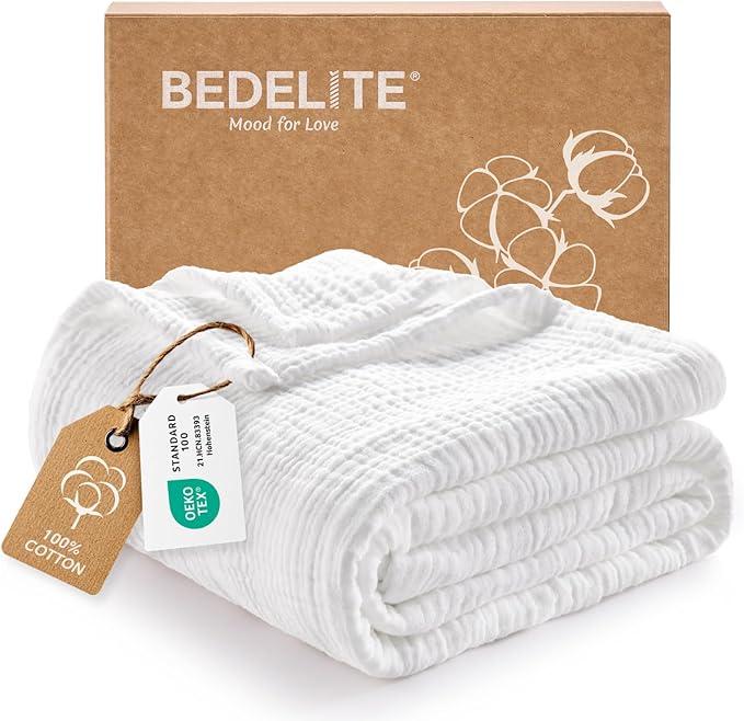 BEDELITE 100% Cotton Muslin Blankets for Adults - 4-Layer Large Throw Breathable and Lightweight Gauze Blanket for Couch, Bed, Travel and Summer, Soft & Cozy Gift for Women, White, 50"x70"