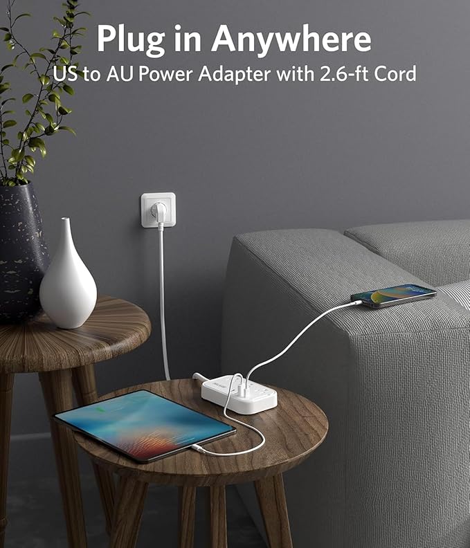 BESTEK New Zealand Power Adapter: US to Australia Plug Adapter - Type I Plug Adapter with 3 AC Outlets and 4 USB(1 PD20W) - for USA to Australia, Argentina, China, New Zealand 2.6ft (Type I - AU)