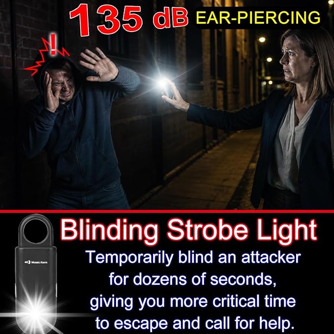 Rechargeable 135 dB Personal Alarm for Women 2-in-1 Flashlight Ultra-Bright Strobe Light. Students Kids Safety SOS Keychain Siren. Loud Emergency Hiking Bear Alerts Long Battery Life. Black