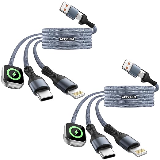 Cruise Essentials 2026, 3 in 2 Multi Charging Cable for iPhone Watch Charger/iPhone 17/IP, iWatch Charger, Travel Camping Essentials Compatible with iWatch 11-2/Ultra/iPhone 17-8,Car (2Pack,6FT)Gray