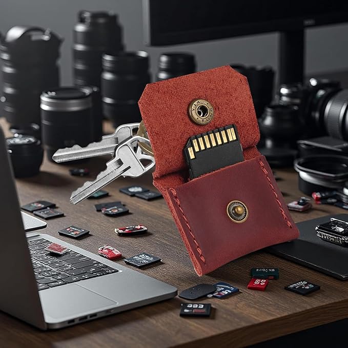 Jack&Chris Genuine Leather SD Card Holder Keychain, Anti-Shock Anti-Dust SD Card Case, Portable Camera Accessories for SD CF CFexpress Micro SD Nano SIM and Micro SIM Cards, Red 2 Packs