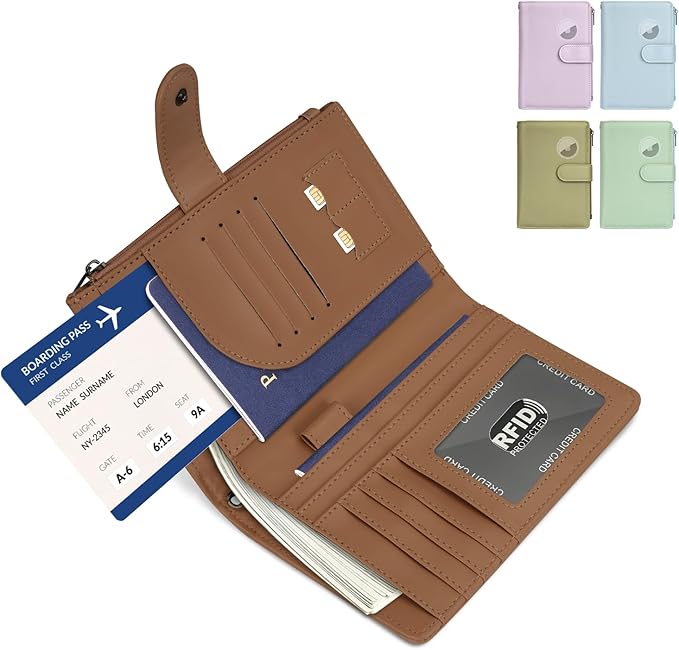 RFID Passport Holder for Women/Men Travel Gifts, Large Capacity Passport Wallet, Family Travel Documents Organizer with Card/Airtag Slots, Zipper coin pocket, Cash Holder Passport Cover Case(Maroon)