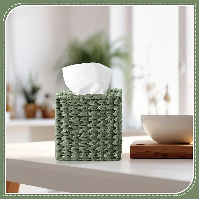 Sage Green Tissue Box Cover Square Natural Paper Rope Hand Woven Tissue Box Holder for Bathroom Living Room Bedroom Kitchen Table Desk Office Boho Home Decor
