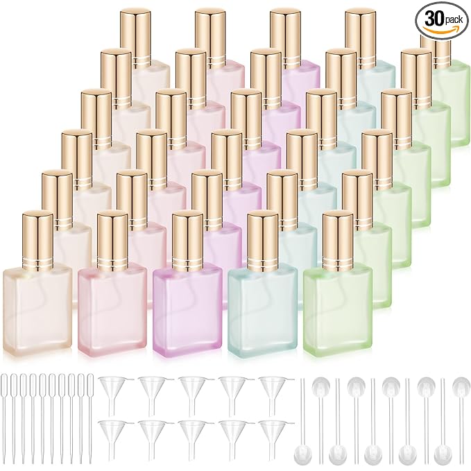 Domensi 30 Pcs 10/15/30/50 ml Glass Perfume Bottles Mini Glass Empty Spray Atomizer Bottles Bulk Refillable Perfume Dispenser Container with Pump Tool for Travel Skin Care (15 ml,Folral Color)
