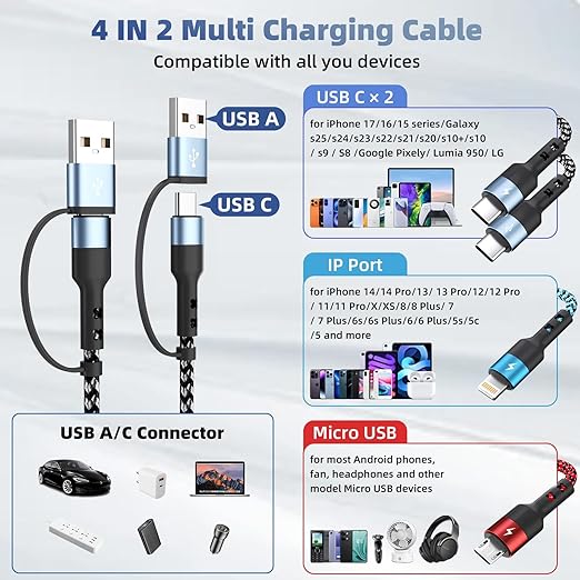 Multi Charging Cable, 6-in-1 USB A/C Cable with Dual Type-C/IP/Micro USB, (2Pack 5FT) Multi Chargers Cord for All Devices, Phone Charger Cord for iPhone 17/16/15/14, Galaxy, Android