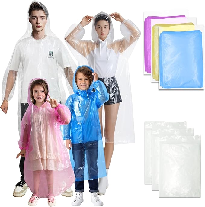 Ponchos Family Pack, Rain Poncho for Adults and Kids Disposable Emergency Rain Ponchos