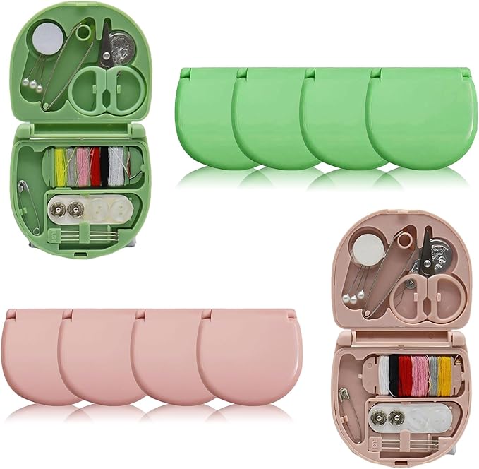 REROON 8 Pack Mini Travel Sewing Kit for Adult & Kid | Portable Sewing Box Kit Bulk | Small Emergency Repair Set with Thread Scissors Needle for Travel, Beginner DIY Handcraft | Pink + Green