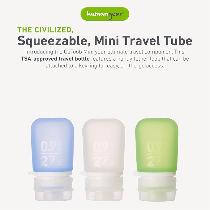 humangear GoToob Bottles - Silicone Leak-Proof Travel Tubes for Toiletries, Camping & TSA Carry-On (3-Pack), Mini (0.9 fl oz; 27ml), Clear/Green/Blue