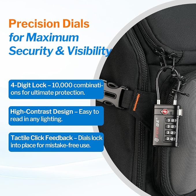 Forge TSA Approved Luggage Locks 4 Digit Combination TSA Travel Locks with TSA008, Open Alert Indicator, Zinc Alloy Body for Luggage, Suitcase, Backpack, and More. 1 Black Lock.