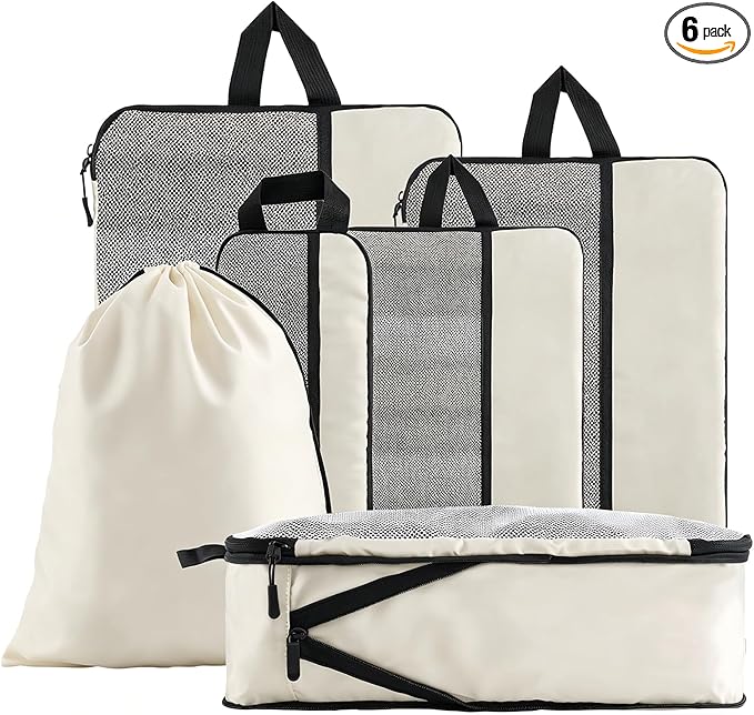 U+U 6 Set Compression Packing Cubes - Ultralight Cream Travel Organizers with Laundry Bag, Space-Saving Suitcase Organizer, Expandable Packing Cubes for Travel and Family Vacation (Cream)