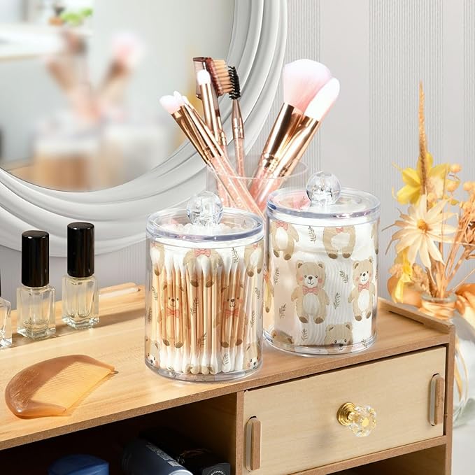 2 Pack Qtip Holder Organizer Dispenser Bears Bathroom Storage Canister Cotton Ball Holder Container for Cotton Pads/Swabs/Floss