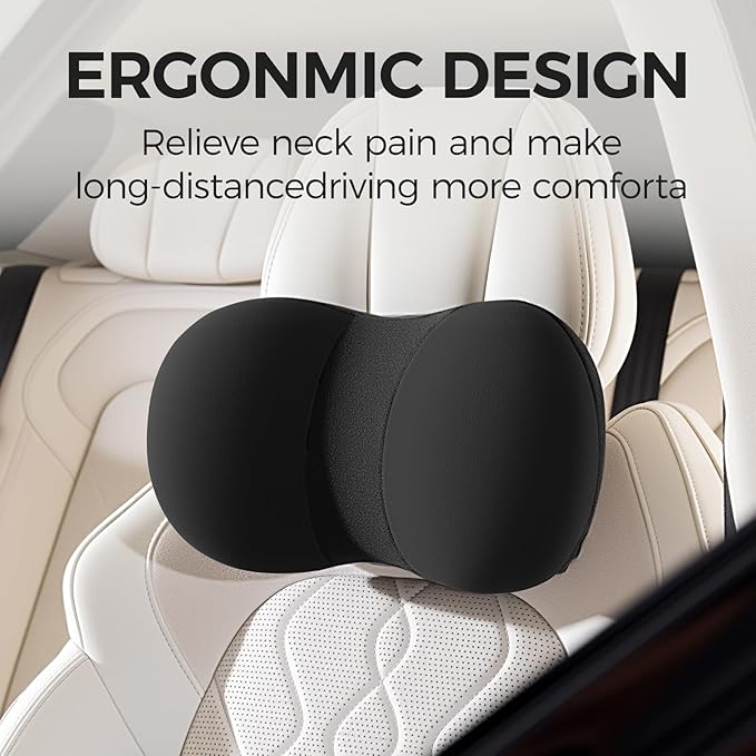 BABUR Car Headrest Pillow, 100% Memory Foam Softness Neck Support Pillow, Universal Fit Head Rest Travel Pillow for Pain Relief While Driving, Breathable Washable Cotton Fabric (Black)