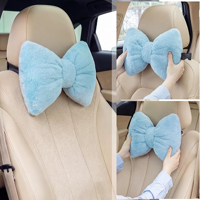 Macarrie 2 Pcs Car Neck Pillow Velvet Bow Headrest Pillow Soft Comfortable Seat Neck Support Cute Bow Car Accessories for Driving Travel Driver Chair Girl Style Interior Decor(Solid,Blue)