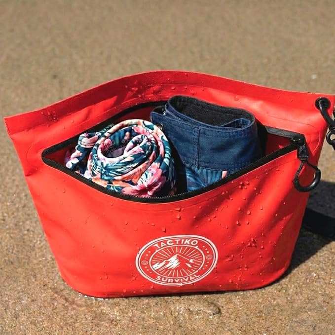 Tactiko 3L Water Resistant Pouch - Waterproof Material w/Splashproof Zipper - Hold All Zipper Bag for Storage, Toiletries, Travel, Beach, Cruise, Home (Red)