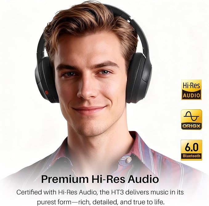 TOZO HT3 Hybrid Noise Cancelling Headphones, 90H Battery Life Wireless Over Ear Bluetooth 6.0 Foldable Headset, AI Voice Assistant with 5 Mics, Connect 2 Devices and Hi-Res Sound, 32 EQ Audio Presets