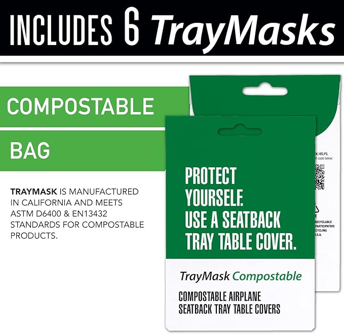 TrayMask Compostable Disposable Tray Table Cover | Must Have Airplane Essentials | Perfect for Kids and Adults Travel Accessories | Provides a Clean Layer of Protection | 6 Pack