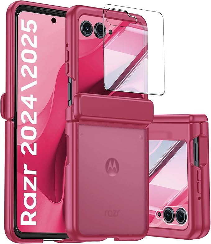 for Motorola Razr 2025 Case/Razr 2024 Case with Hinge Protection, Screen Protector, Ultra-Thin Skin Feel Translucent Frosted, Shockproof Cover for Razr 2025/2024-Rose Red (NOT for Plus/Ultra)