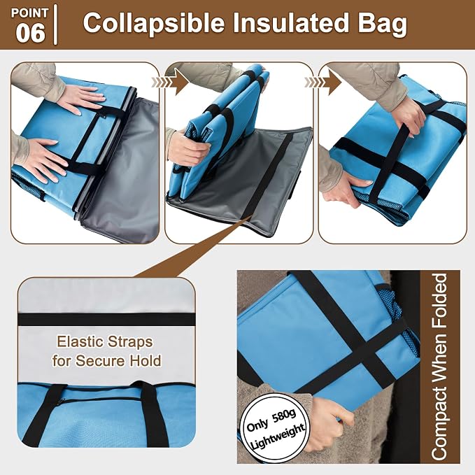 Reusable Grocery Bag – Expandable Insulated Cooler Bag with Bottom Board, Collapsible Insulated Shopping Bag with Zipper & Drawstring, Heavy Duty Tote Bag for Shopping, Delivery, Picnic, Beach