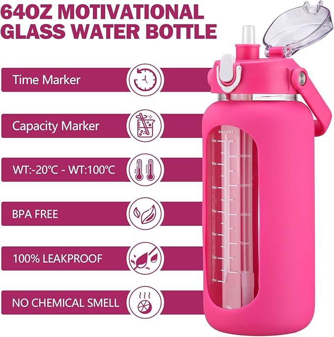 42oz Glass Water Bottles with Straw, Motivational Glass Bottle with Silicone Sleeve and Time Marker, Leakproof Large Glass Water Jug for Gym Home Office,Rose red