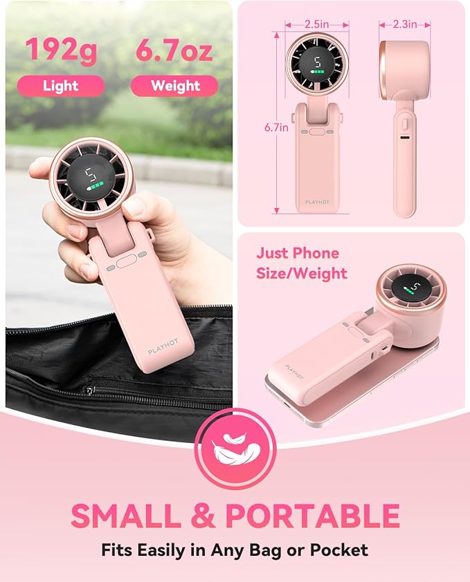 PlayHot Portable Handheld Turbo Fan, 5-Speed Personal Fan, USB-C Rechargeable Fan Up to 12 Hours, 3 IN 1 Hand Fan with Air Turbo Tech Cooling, Travel Fan for Cruise, Beach, Gifts for Women (Pink)