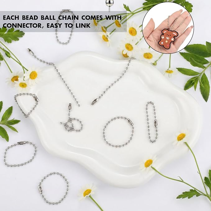 400 Pcs Long Bead Ball Chain Keychain 3.9 Inch Silver Ball Connector Clasp 2.4mm Diameter Metal Necklace Chains for Dog Tags Hanging Keychains, Jewelry Making Accessories