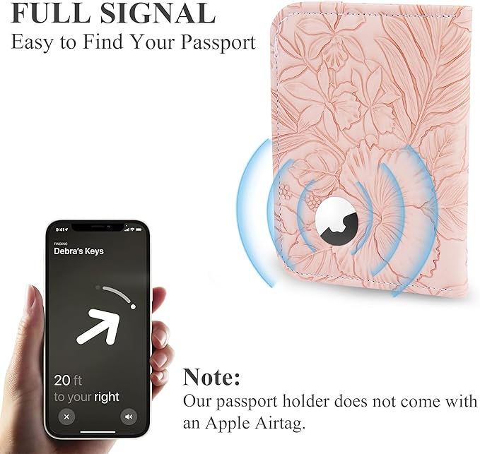 lizimandu Passport Holder with Airtag Slot, Airtag Passport Wallet for Men Women, Slim Leather Passport Holder Case Family for Travel Anti-Lost(1-Carved Pink)