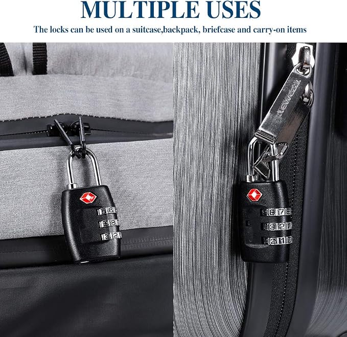 TSA Luggage Locks (4Pack) - 3 Digit Combination Padlocks - Approved Travel Lock for Suitcases & Baggage (Black)