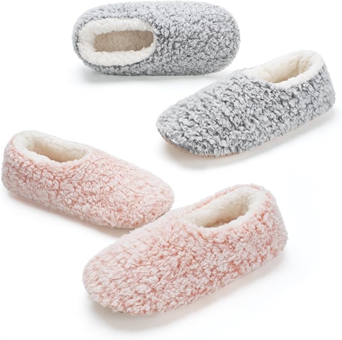 cosyone1997 2-Pair Slippers for Women Indoor Non Slip Soft Sole Plush Sherpa Lined Cozy Comfortable House Slippers
