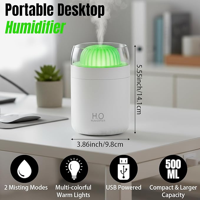 Cactus Mini Humidifier - 500ml USB Powered Portable Small Desktop Air with 2 Cool Mist Modes, 7 Color Light Whisper-Quiet Operation for Office Home Bedroom Nursery Yoga Car Travel