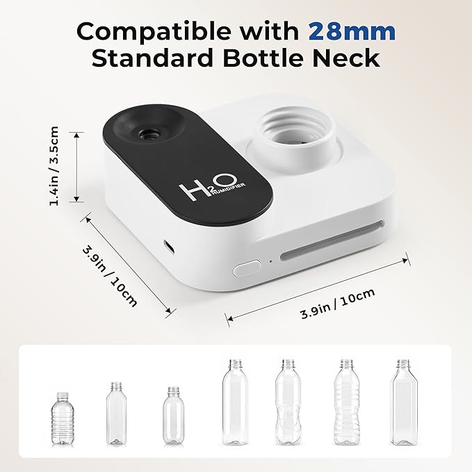 Travel Humidifier, Portable Mini Cool Mist Humidifier, Small Bottle Humidifier with Auto Shut-Off, Night Light, USB Rechargeable, for Bedroom, Office, Hotel, Car and Plants,White