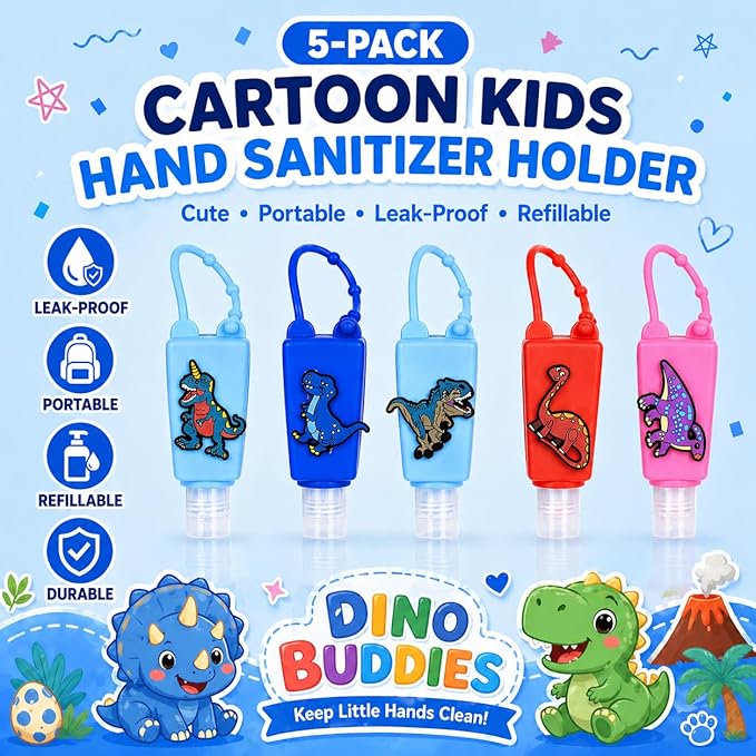 5-Pack Kids Cartoon Hand Sanitizer Holder (No Sanitizer Included), 30ml Refillable Travel Bottles with Silicone Case, Leak-Proof for Lotion & Liquid Soap (Roar Dino)
