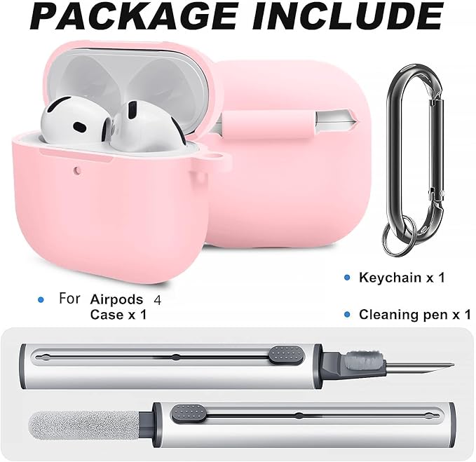 Silicone Case Cover for AirPods 4th Gen, Soft Skin, Full Protection, Keychain, Cleaner Kit (Pink)