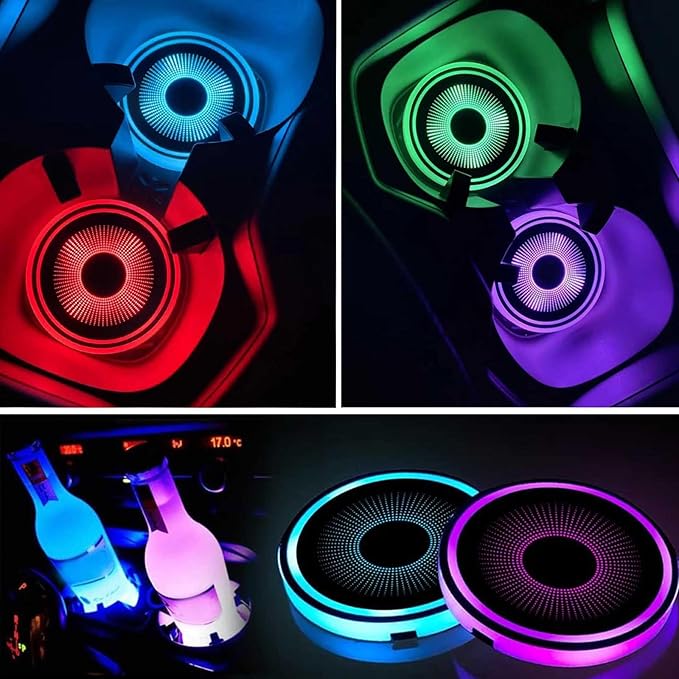 2PCS LED Car Cup Holder Lights, Light up Car Coasters for Cup Holders 7 Color-Changing Light Up Cup Holder Insert Coasters, Waterproof Car Accessories for Teens, Car Gifts for Men & Women