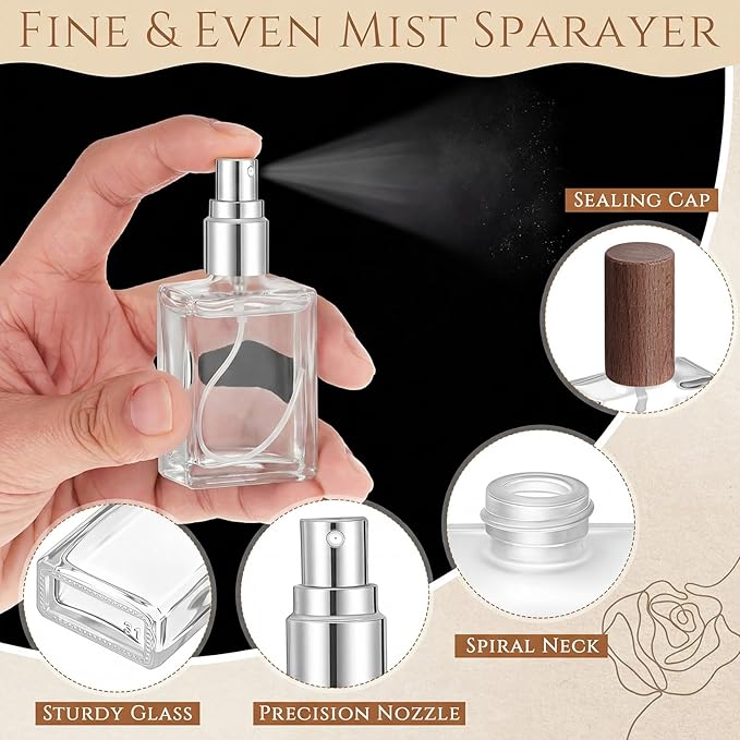 Domensi 30 Pcs 10/15/30/50 ml Glass Perfume Bottles Mini Glass Empty Spray Atomizer Bottles Bulk Refillable Perfume Dispenser Container with Pump Tool for Travel Skin Care (30 ml,Dark Woddy Color)