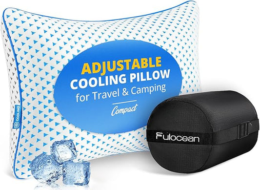 Small Cooling Memory Foam Travel Pillows for Airplanes Sleeping, Compressible Camping Pillow, Mini Adjustable Shredded Foam Bed Pillow for Medium Firm Neck Knee Lumbar Support, Ideal Car, Backpacking