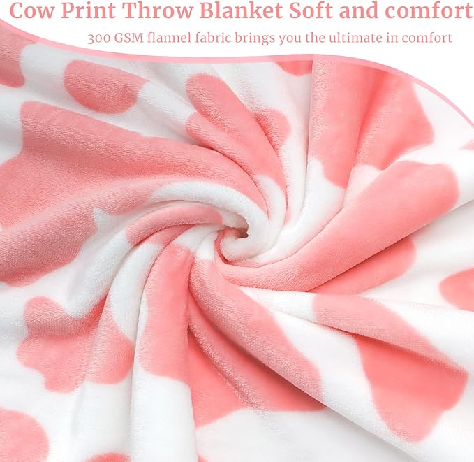 Pink Cow Throw Blanket Gifts for Women Girls Teen, Soft Plush Fleece Flannel Cozy Blanket for Couch Bed, Lightweight Warm Blanket, Kawaii Cow Print, Cowgirl Room Decor, Cute Strawberry Blanket