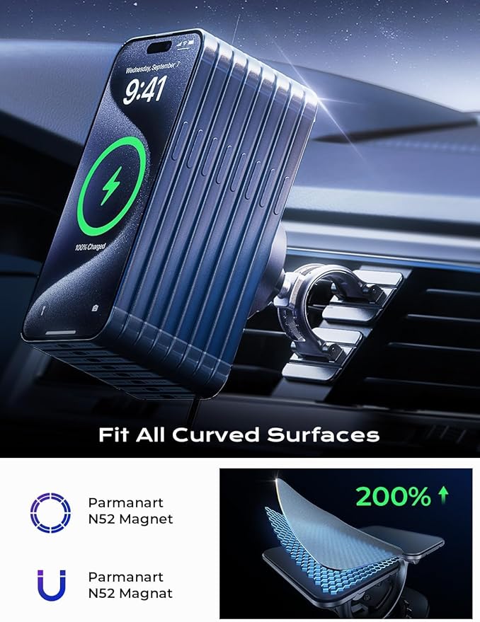 LISEN 15W MagSafe Car Mount Charger,[Carbon Fiber] Magnetic Wireless Car Charger, Dashboard & Air Vent Car Phone Mounts, Magnetic Phone Holder for Car Mount for iPhone 17/16/15/14/13/12, Samsung Pixel