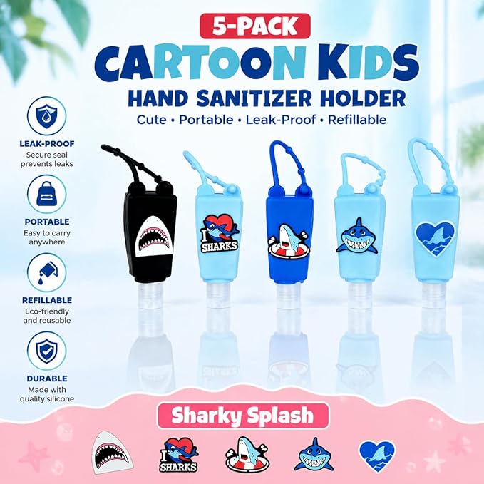 5-Pack Kids Cartoon Hand Sanitizer Holder (No Sanitizer Included), 30ml Refillable Travel Bottles with Silicone Case, Leak-Proof for Lotion & Liquid Soap (Sharky Splash)
