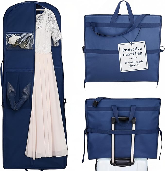 Wedding Dress Garment Bag 72" – Waterproof Trifold Travel Garment Bag for Bridal Gown with Shoulder Strap, Suitcase Sleeve & Accessory Pockets – Fits Full Skirts, Oxford Fabric, Carry Handle