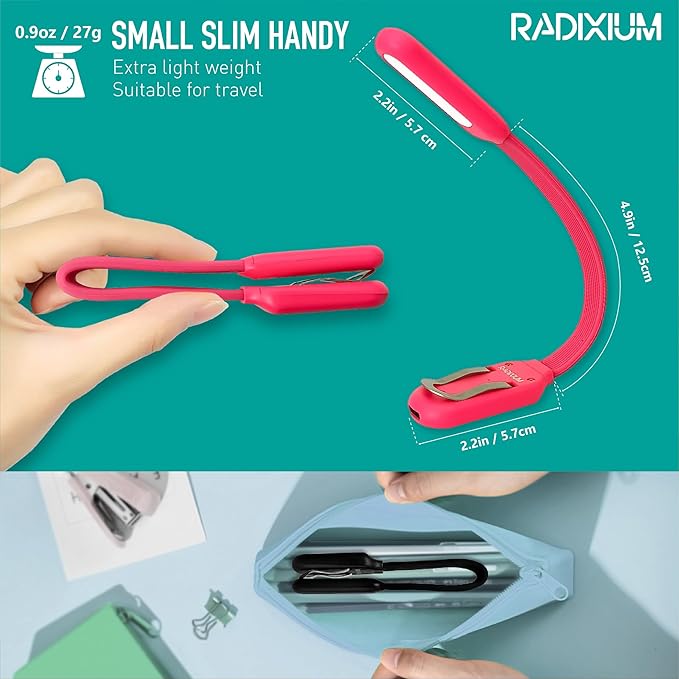Rechargeable Book Light for Reading in Bed, 4 Color Temperatures Eye-Caring LED, Portable Clip On Reading Light with Magnetic Base, Hands-Free for Travel, Night Reading (red)