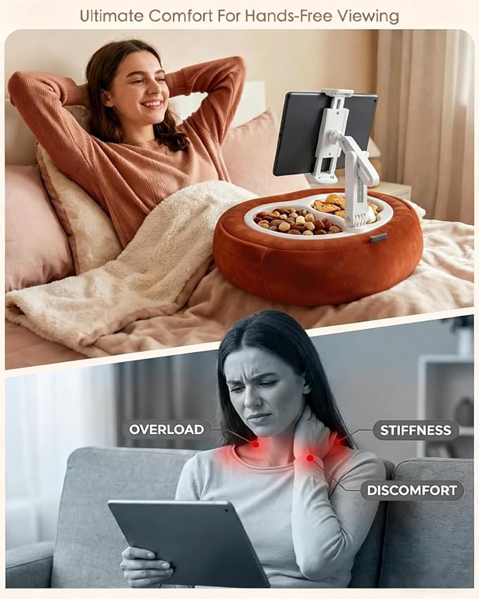 Miledi Tablet Pillow Stand, Compatible with 5"-12.9" Kindle, iPad, Phone/Tablet, 360° Rotating Phone Holder for Bed, Soft Plush Fabric, Detachable Bowl, Reading and Relaxation on Bed, Terracotta
