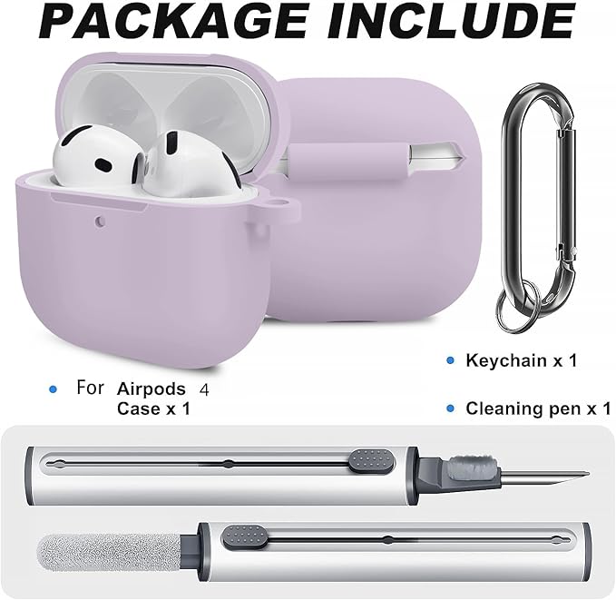 Silicone Case Cover for AirPods 4th Gen, Soft Skin with Cleaner Kit, Keychain, Full Protection for Men & Women (Lavender)