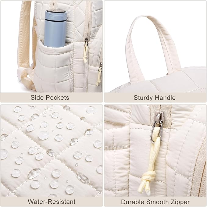 kadilong Laptop Backpack for Women College Travel,Quilted Daypack Bookbag for School Teen Girls Mochilas Mujer,Beige