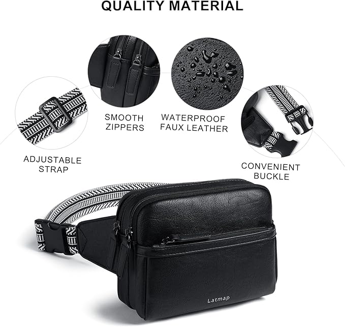 LATMAP 3L Fanny Packs Belt Bag for Women Small Everywhere Crossbody Bag Waist Packs Faux Leather Sling Chest Travel Purse