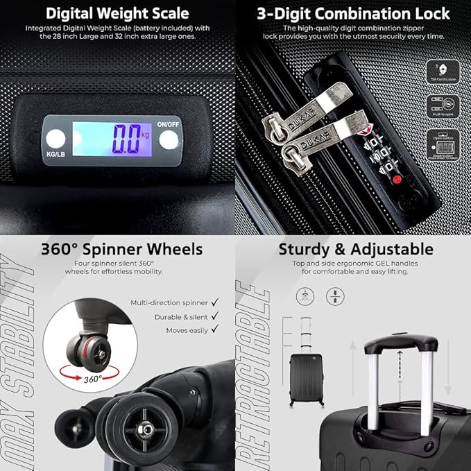DUKAP INTELY Hardside Luggage Set with Spinner Wheel | Spacious Traveling Suitcase, Travel Suitcases with TSA Lock and Ergonomic GEL Handle | 2 Piece Set (20"/28") | Black