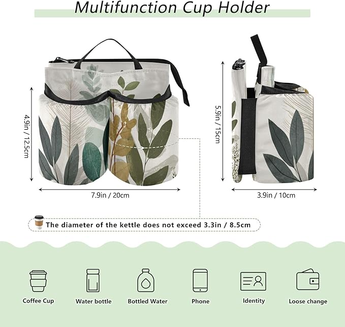 Luggage Cup Holder for Suitcases Free Hands Suitcase Cup Holder Travel Luggage Drink Holder Portable Luggage Cup Caddy Bag Carrier with Handle Beige Boho Style Leaves