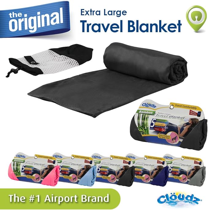 Cloudz Extra Large Airplane Travel Blanket for Your Flight, Car, Camping, Home or Comforting Warmth Anywhere! Includes Warm Cozy Pockets for Your Feet and a Travel Bag - Black