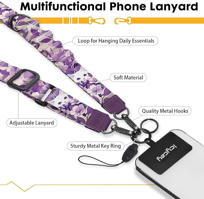 Icycay Phone Lanyard Crossbody, White Cat Cell Phone Strap for Around The Neck Adjustable, Purple Anti Theft Cute Lanyard for ID Holder Key Accessories Travel Essential