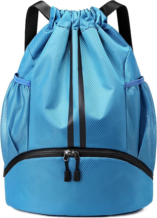 JELUTAR Drawstring Backpack Gym Bag with Shoes Compartment for Soccer, Basketball, Swim, Water-Resistant String Backpack Beach Cinch for Women Men, Sky Blue
