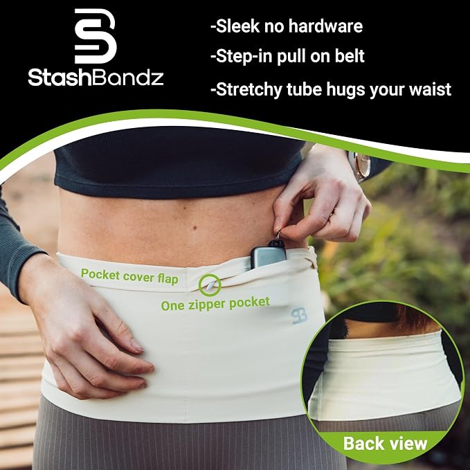 StashBandz No-Bounce Running Belt for Women & Men – Phone Holder Fits All Phones, 4-Pocket Slim Fanny Pack with Zipper – Travel Money Belt Waist Pack for Running & Workout